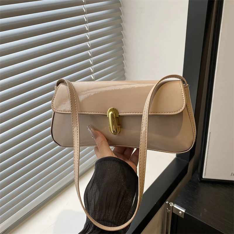 Stylish Wine Red Patent Leather Women Underarm Bag, Sleek Sling Purse with Gold Turn Lock Women's Daily Handbags Shoulder Bags
