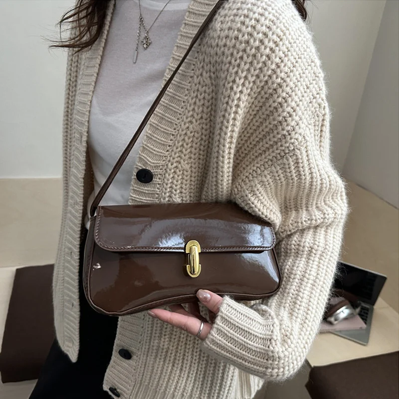 Stylish Wine Red Patent Leather Women Underarm Bag, Sleek Sling Purse with Gold Turn Lock Women's Daily Handbags Shoulder Bags