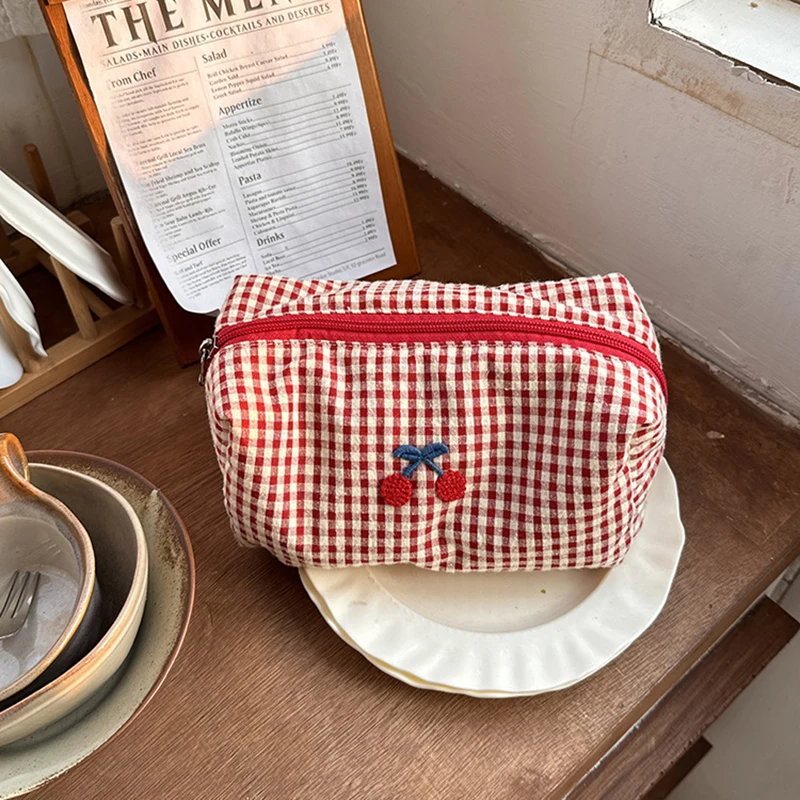 Cherry Embroidery Cotton Plaid Makeup Bag Portable Travel Cosmetic Storage Purse Multifunctional Toiletry Organizer