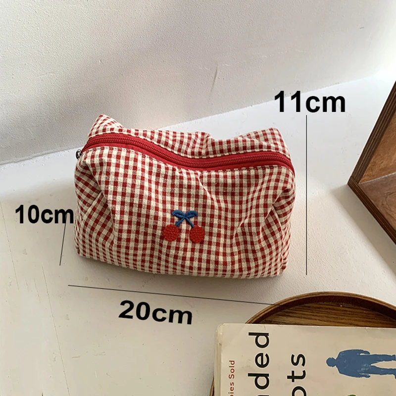 Cherry Embroidery Cotton Plaid Makeup Bag Portable Travel Cosmetic Storage Purse Multifunctional Toiletry Organizer