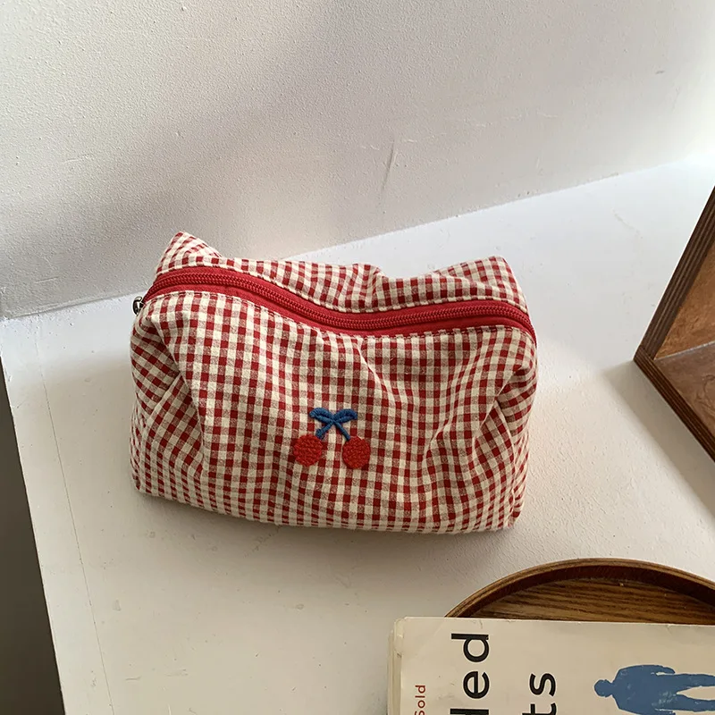 Cherry Embroidery Cotton Plaid Makeup Bag Portable Travel Cosmetic Storage Purse Multifunctional Toiletry Organizer