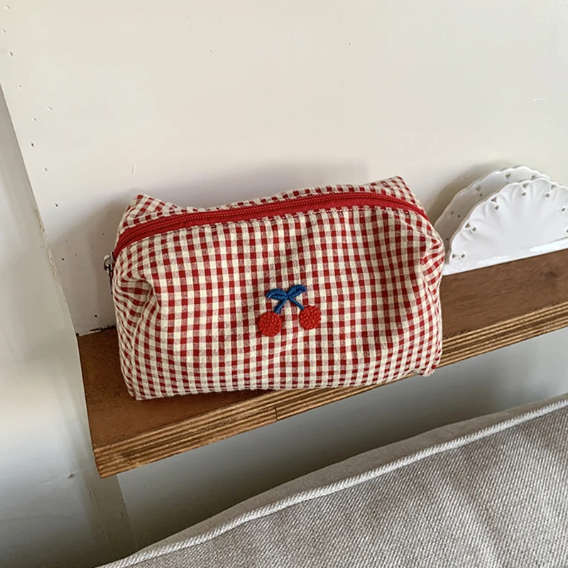 Cherry Embroidery Cotton Plaid Makeup Bag Portable Travel Cosmetic Storage Purse Multifunctional Toiletry Organizer