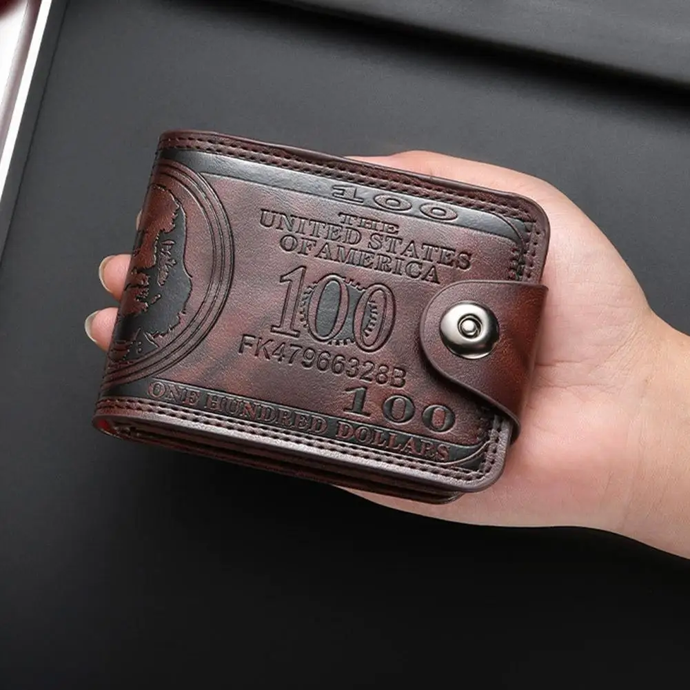 Vintage 100 Dollar Pattern Men Wallet PU Leather Short Bifold Purse Multi Card Holder Hasp Coin Bag For Men
