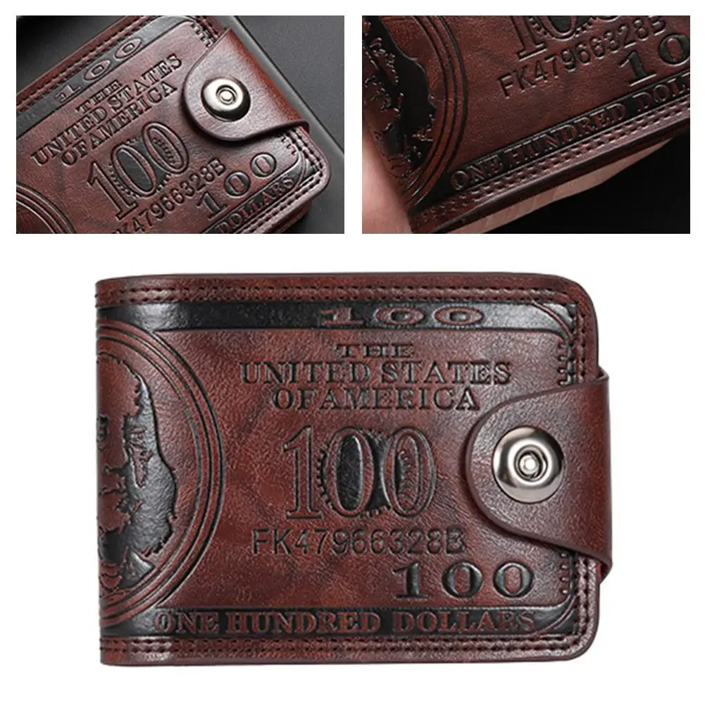 Vintage 100 Dollar Pattern Men Wallet PU Leather Short Bifold Purse Multi Card Holder Hasp Coin Bag For Men