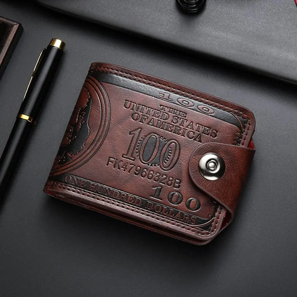 Vintage 100 Dollar Pattern Men Wallet PU Leather Short Bifold Purse Multi Card Holder Hasp Coin Bag For Men