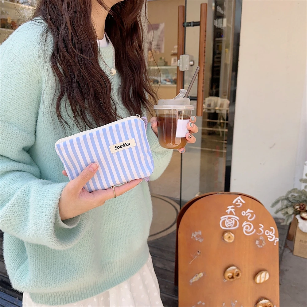 Small Cosmetic Make Up Bag Mini Canvas Striped Organizer Bags for Women Lipstick Makeup Case Children Cute Purse Coin Pouch Case