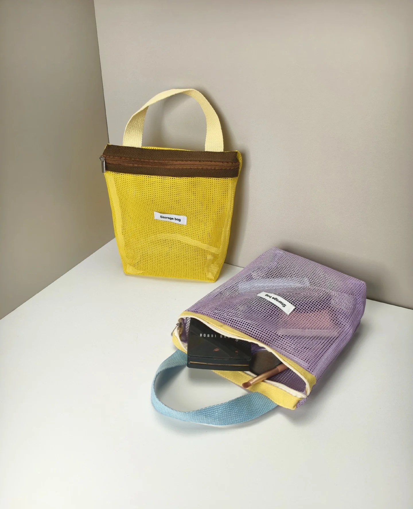 Ins Style Vibrant Bright Color Summer Mesh Tote Bag Small Cosmetic Bag Handbag Foldable Portable Toiletry Bag Women's Beach Bag