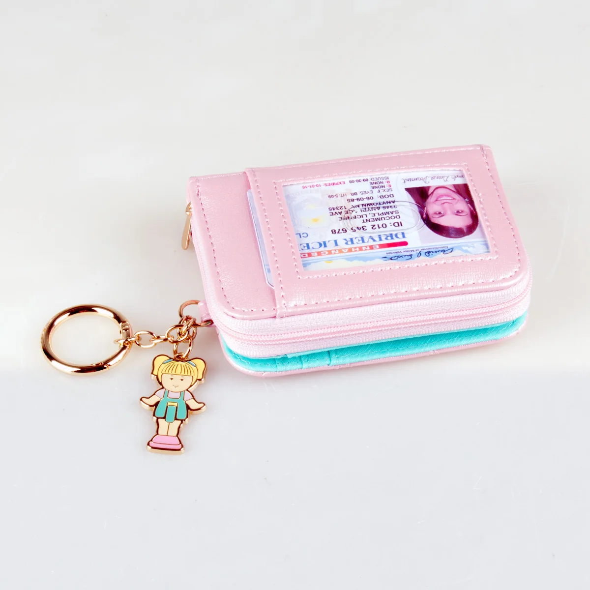 Pink Stitched Cute Zipper Wallet High-Quality Fashion Individual Card Holder with Zero Money Window for ID Cards