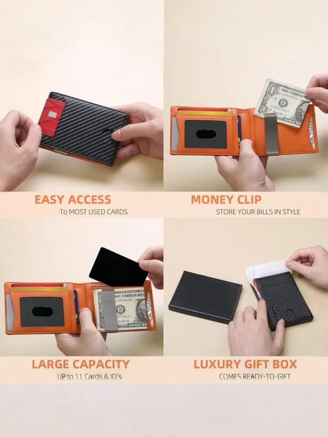 1-Pack | Carbon Fiber Ultra-Thin Men's Wallet RFID Shielding + 11 Card Slots + Transparent Window
