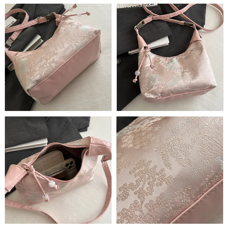 Designer Luxury Bags Woman Sweet Embroidery Shoulder Bag Nylon Texture Pearl Pendant Crossbody Handbag Bucket Handbag Women Girl