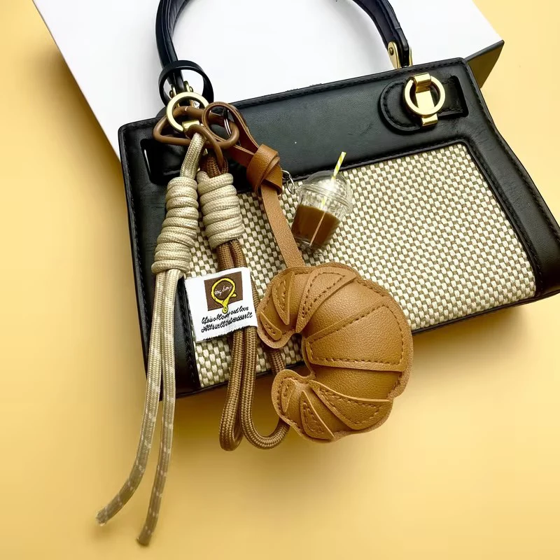 New Braided Rope Croissant Keychain Bread Shape Heart Bag Pendant Leather Mobile Phone Lanyard Gifts