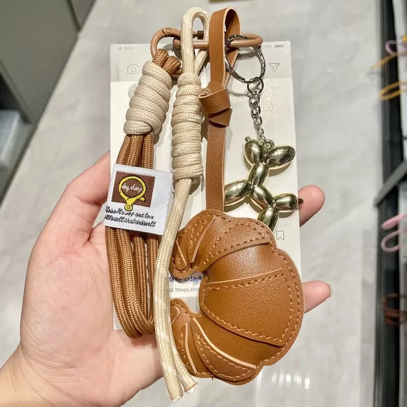 New Braided Rope Croissant Keychain Bread Shape Heart Bag Pendant Leather Mobile Phone Lanyard Gifts
