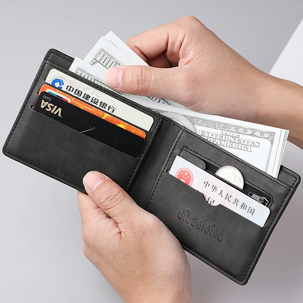 Men's Short Wallet PU Leather Vintage Casual Design Multi-Card Slot Zipper Coin Purse Mini Men's Wallet