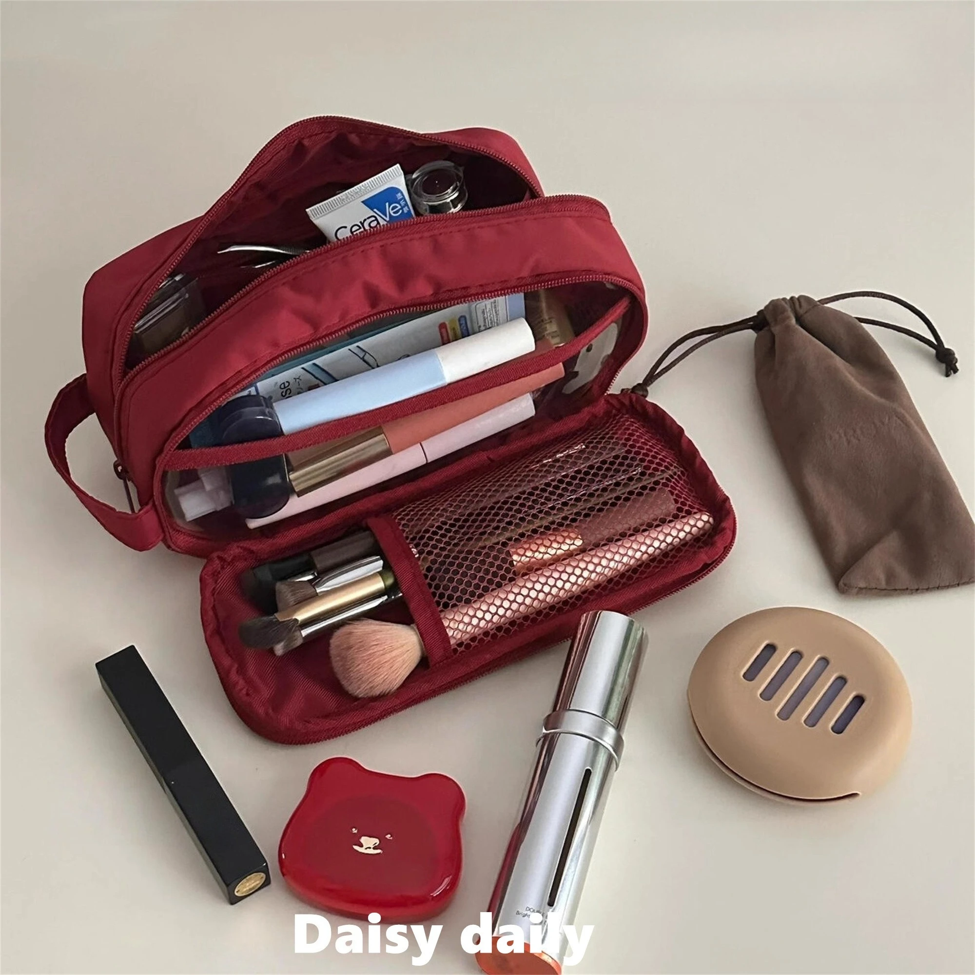 Double Layer Cosmetic Bag Nylon Travel Makeup Organizer Large Capacity Toiletry Bag Multifunction Pencil Case Brush Holder
