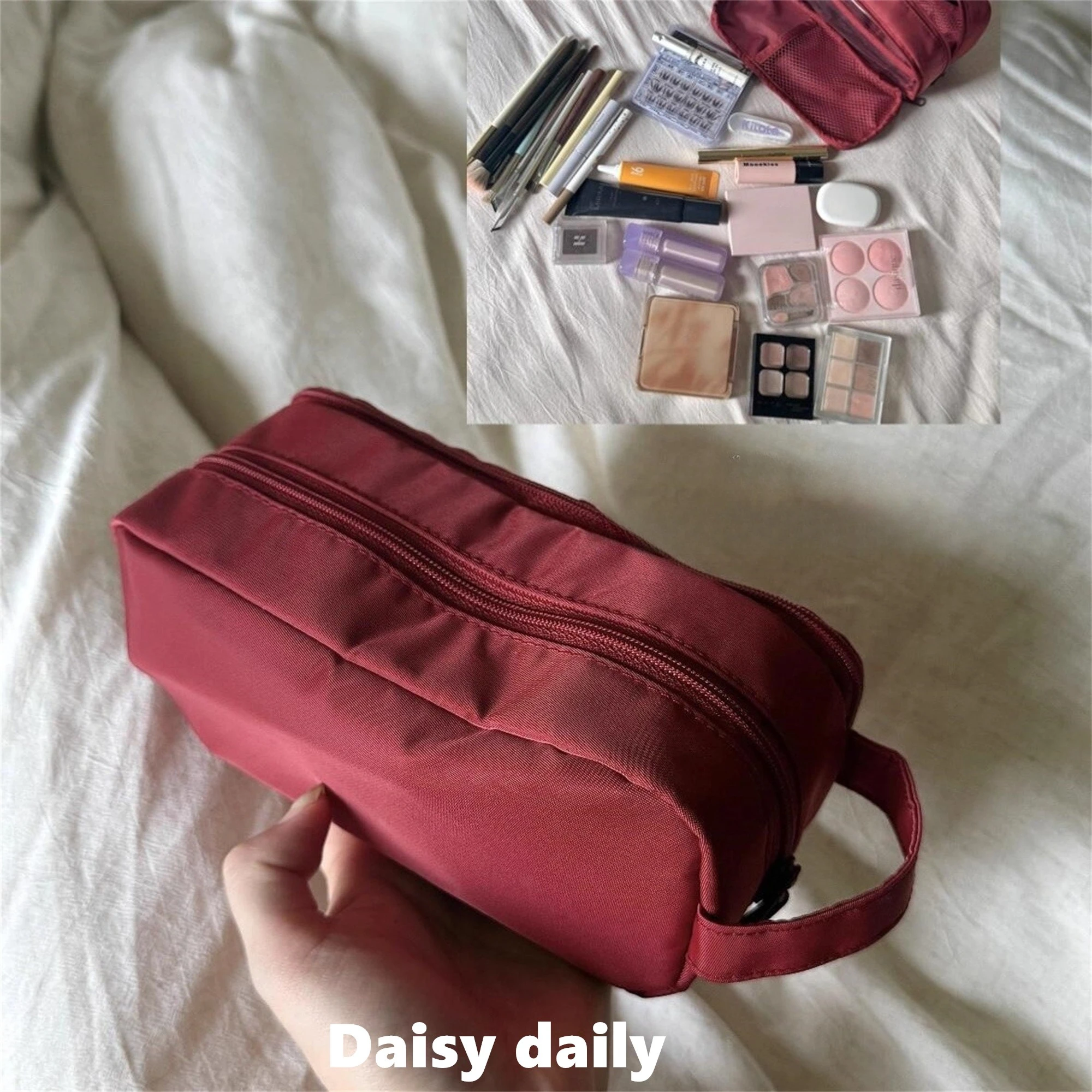 Double Layer Cosmetic Bag Nylon Travel Makeup Organizer Large Capacity Toiletry Bag Multifunction Pencil Case Brush Holder