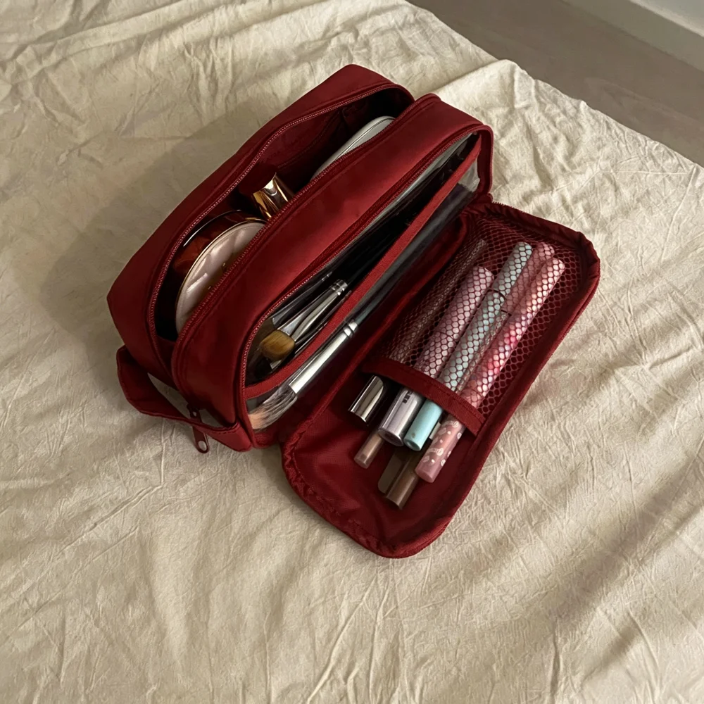 Double Layer Cosmetic Bag Nylon Travel Makeup Organizer Large Capacity Toiletry Bag Multifunction Pencil Case Brush Holder