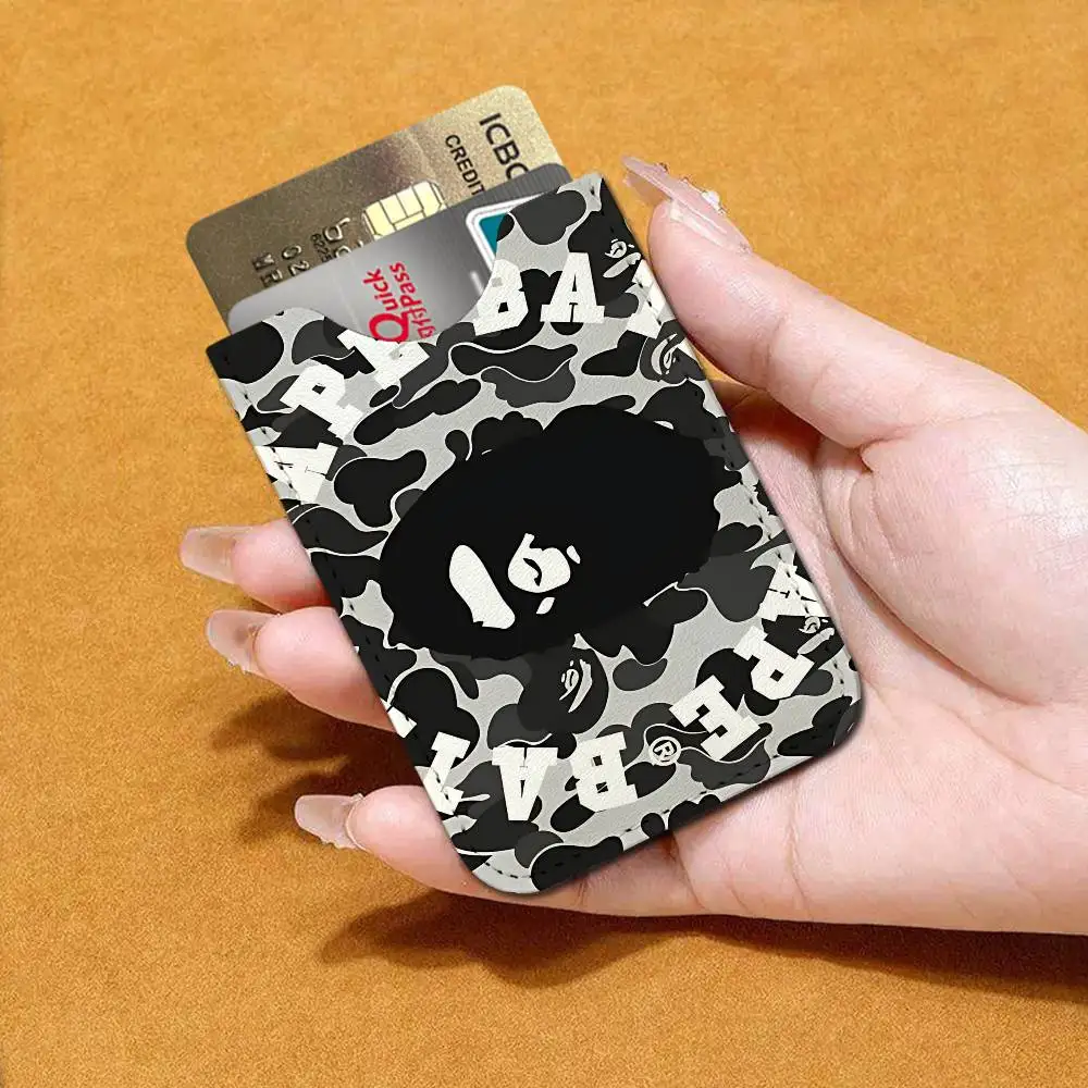 Luxurious B-bapeS Logo Men Leather Card Case, Minimalist Mini Credit/Bus ID Card Holder, Small Compact for Office Business