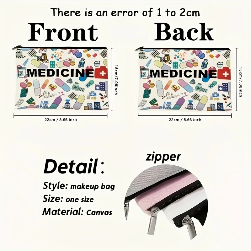 Medicine-Themed Cosmetic Travel Bag - Foldable Zippered Makeup Organizer, Gift for Healthcare Professionals, Cosmetic Bag