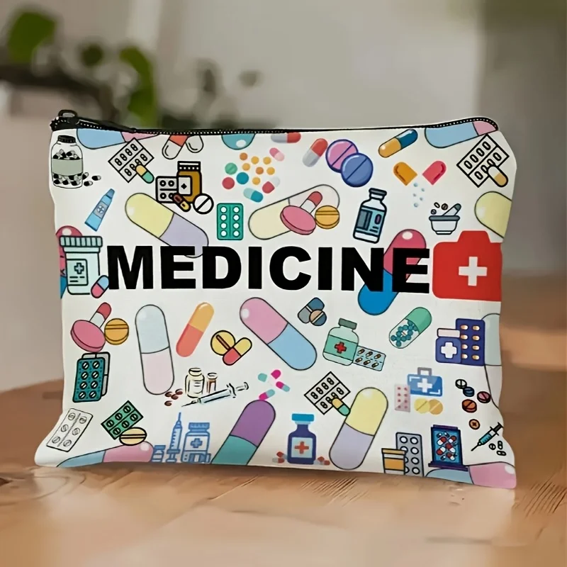 Medicine-Themed Cosmetic Travel Bag - Foldable Zippered Makeup Organizer, Gift for Healthcare Professionals, Cosmetic Bag