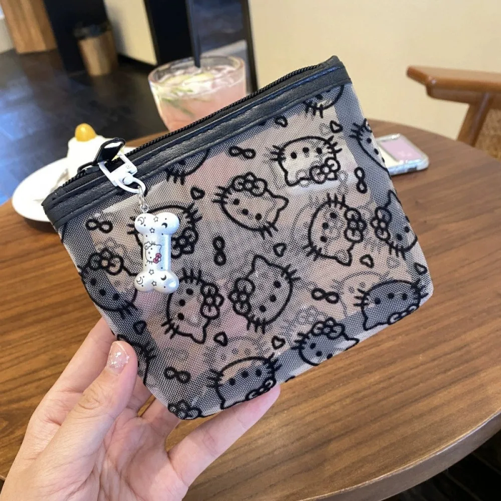 Simple touch-up bag kitty storage bag, large capacity, portable, black mesh hand makeup bag, cute and dirt-resistant
