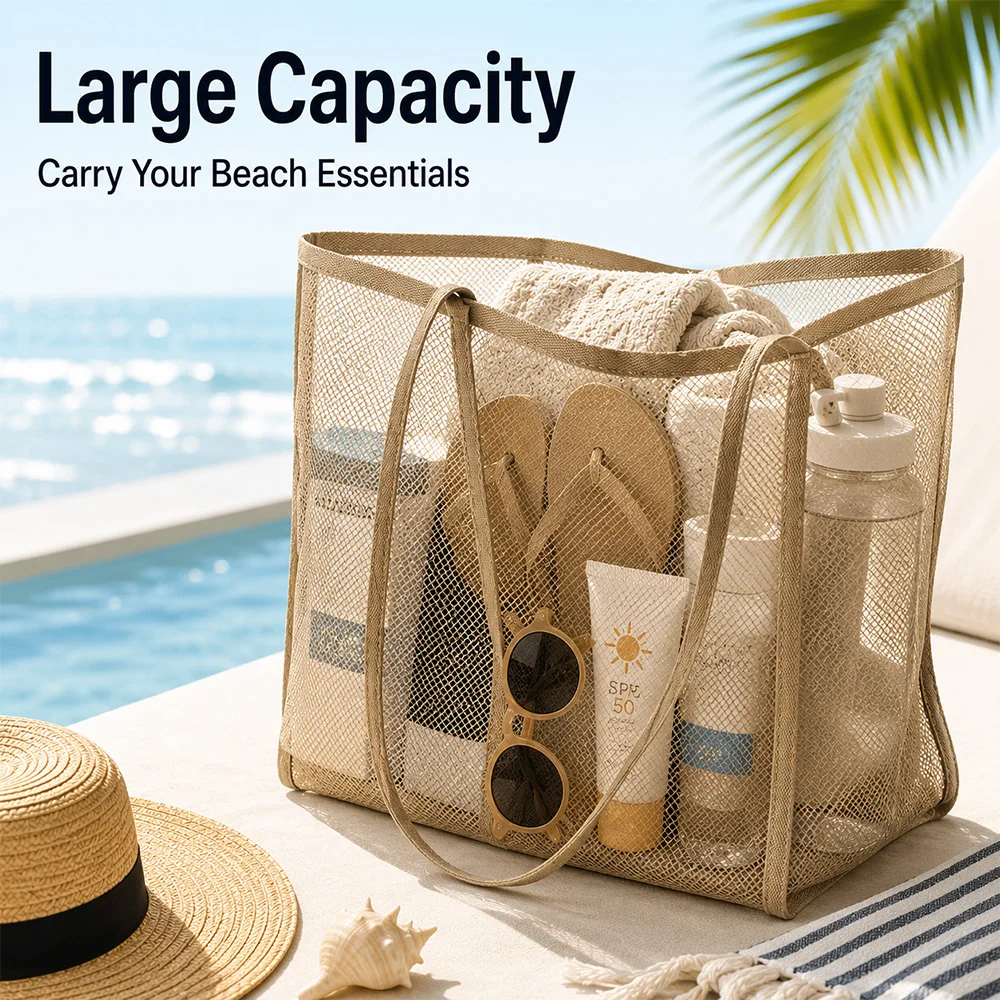 Portable Mesh Beach Bag Lightweight Breathable Quick-Dry Travel Tote Bag for Beach Trips Outdoor Activities Storage Towels Toys