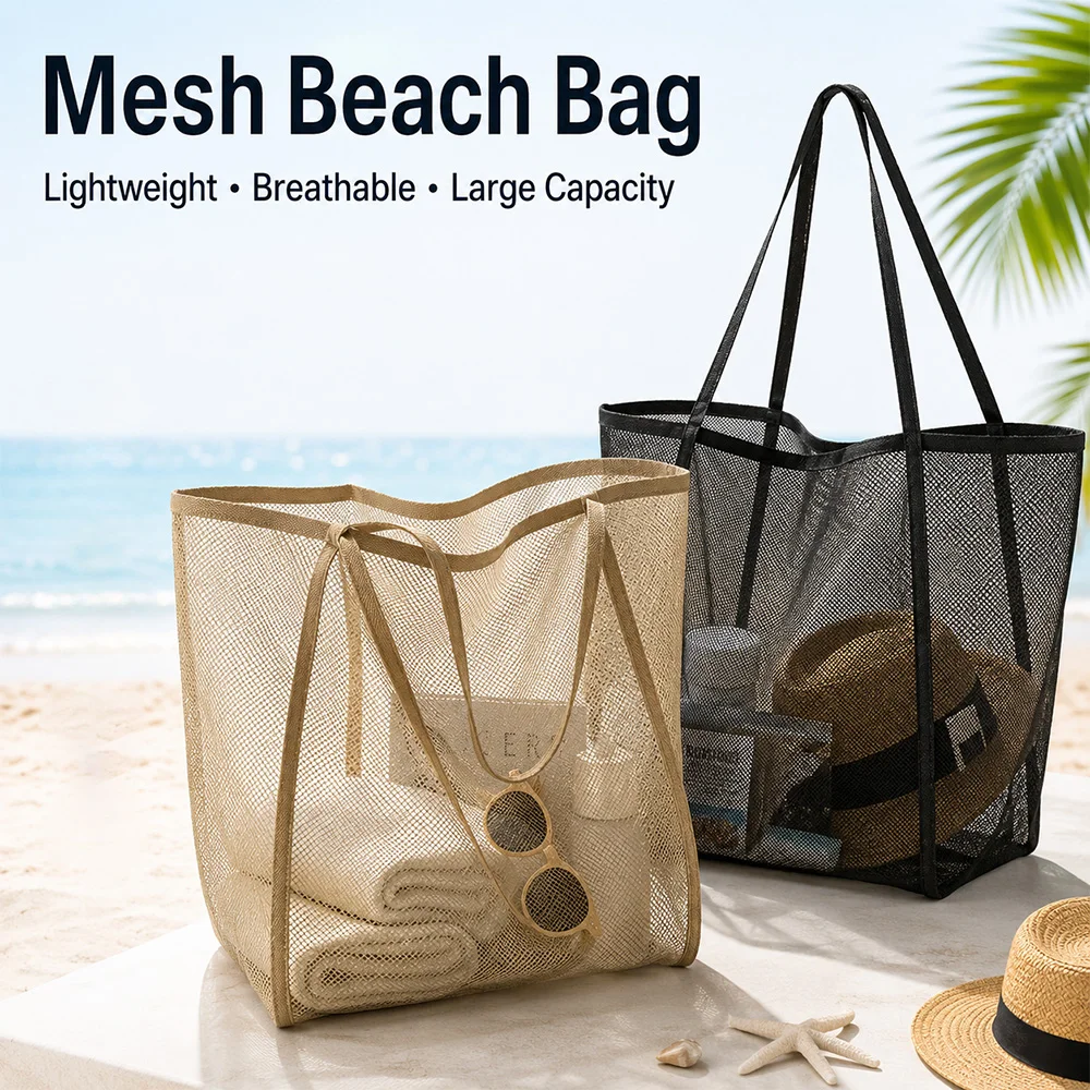 Portable Mesh Beach Bag Lightweight Breathable Quick-Dry Travel Tote Bag for Beach Trips Outdoor Activities Storage Towels Toys