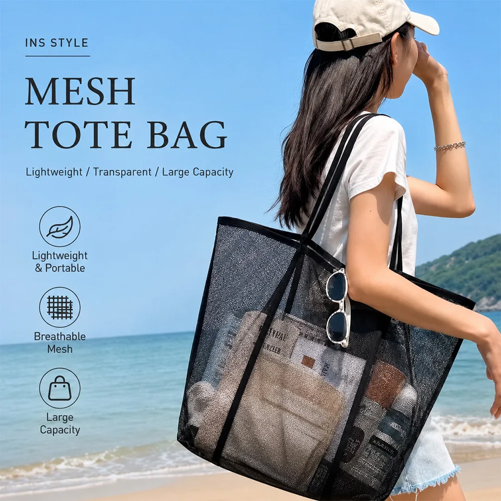 Portable Mesh Beach Bag Lightweight Breathable Quick-Dry Travel Tote Bag for Beach Trips Outdoor Activities Storage Towels Toys