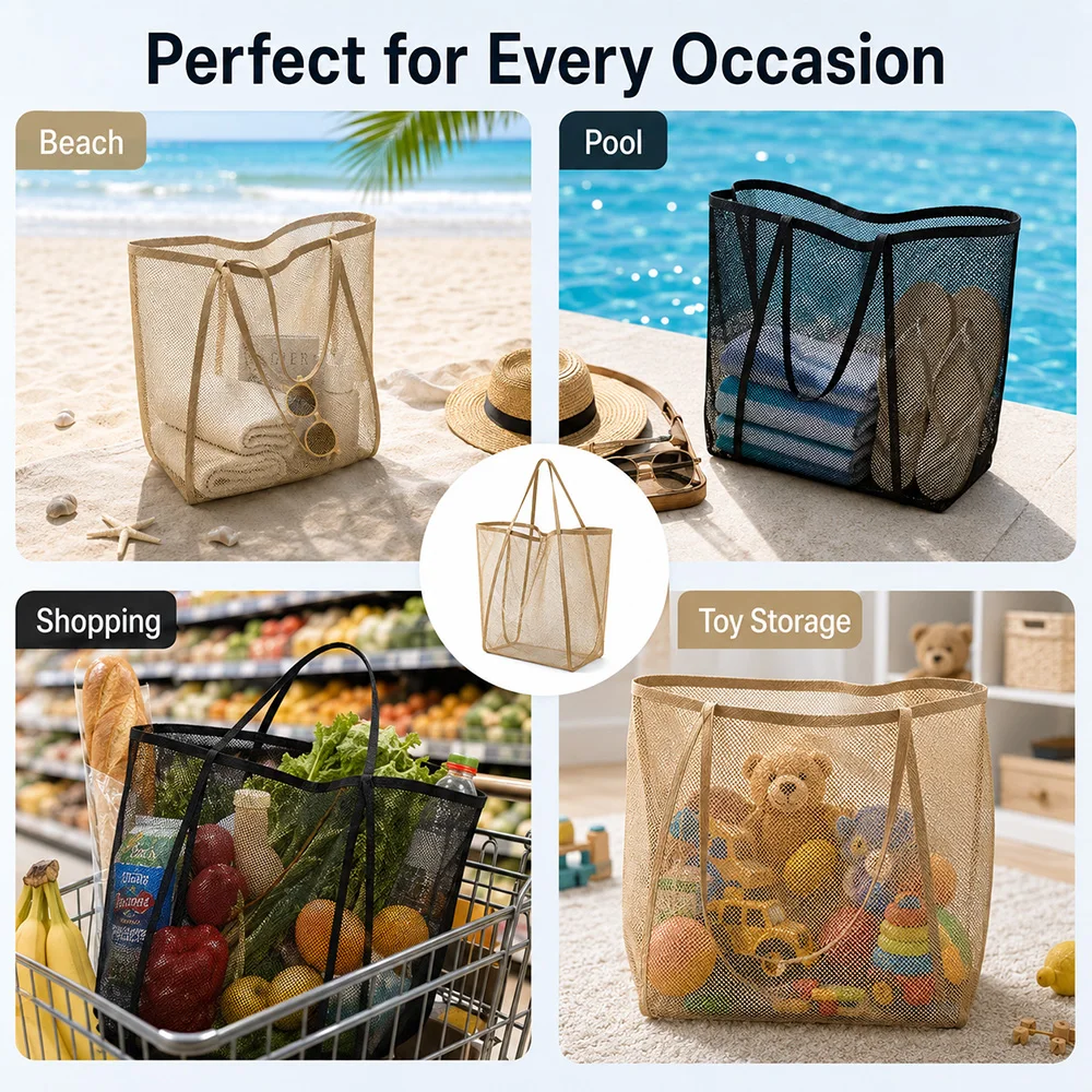 Portable Mesh Beach Bag Lightweight Breathable Quick-Dry Travel Tote Bag for Beach Trips Outdoor Activities Storage Towels Toys