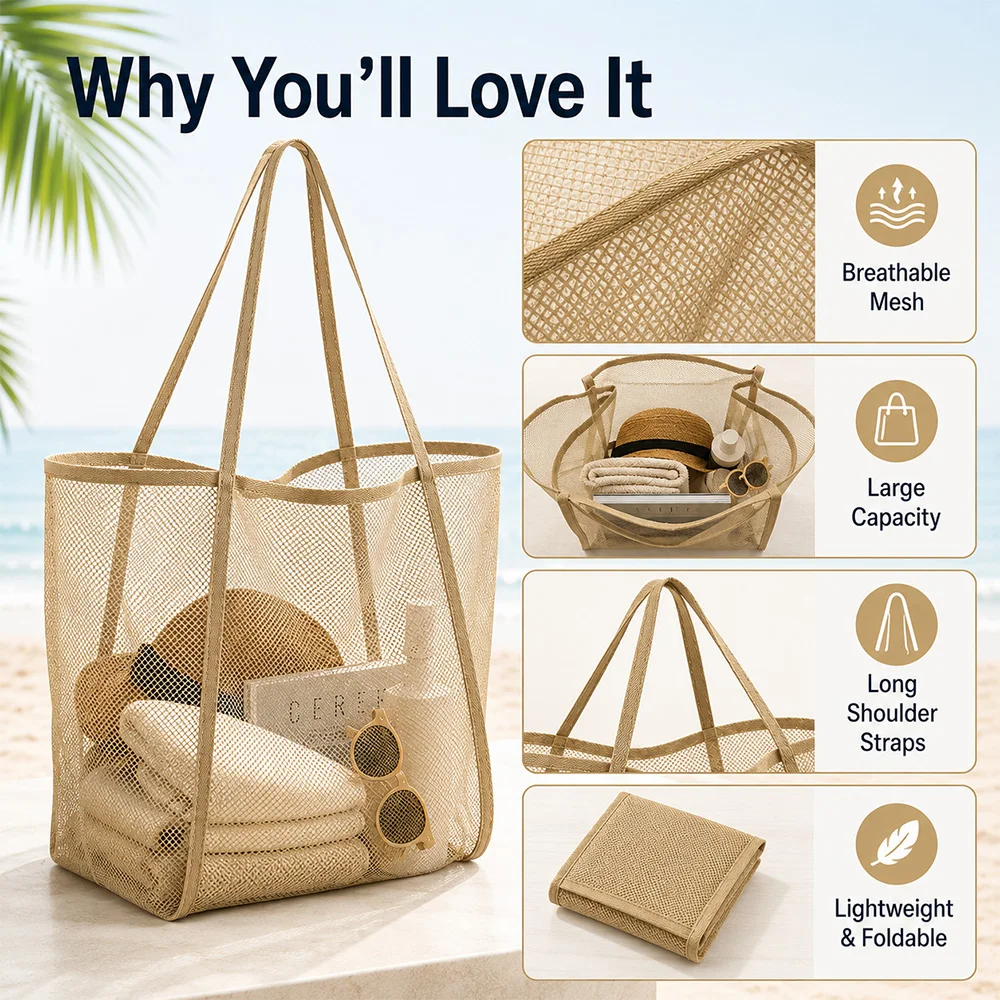 Portable Mesh Beach Bag Lightweight Breathable Quick-Dry Travel Tote Bag for Beach Trips Outdoor Activities Storage Towels Toys