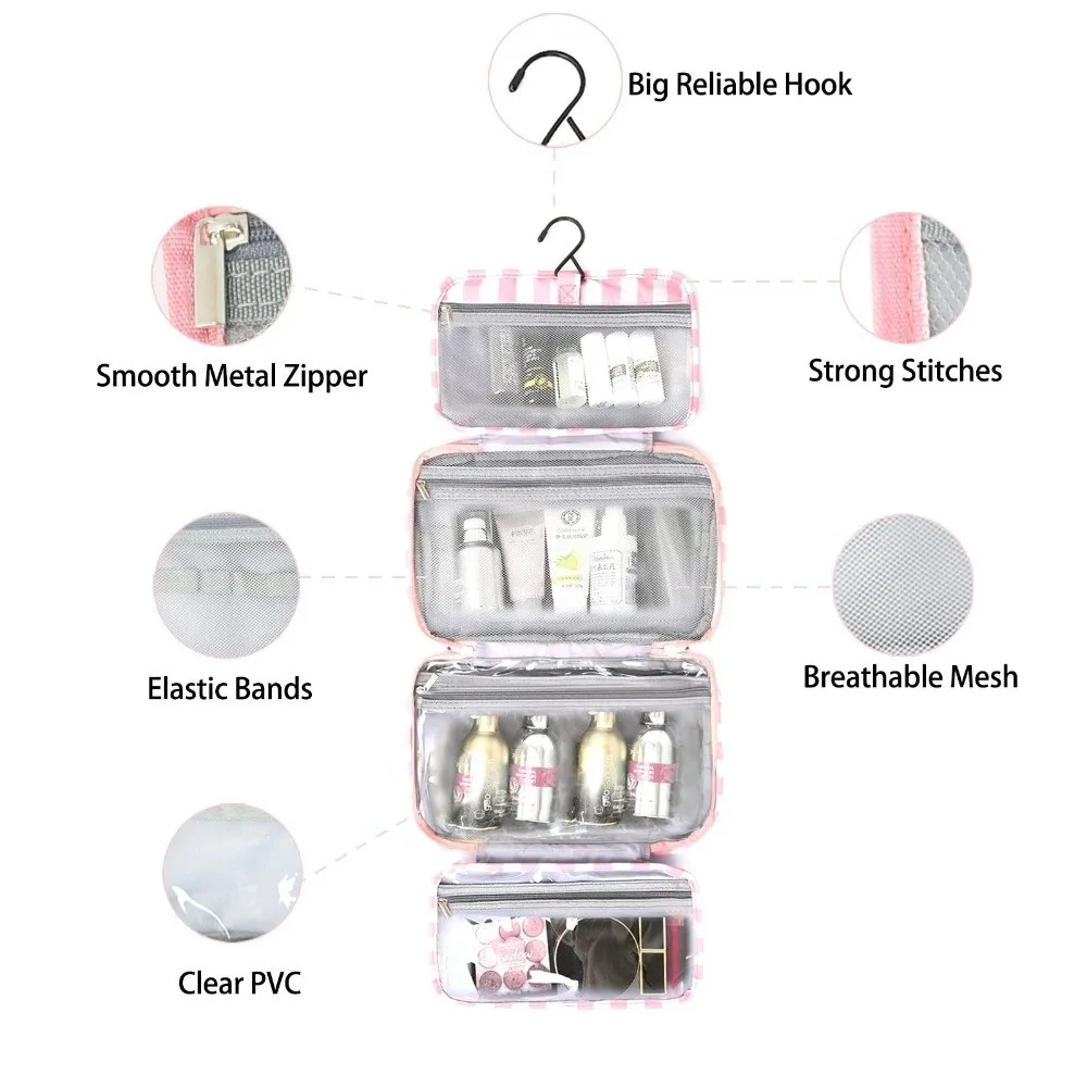 Portable Hanging Travel Toiletry Bag 4-Fold with Hook Makeup Bag Large Capacity Striped Cosmetic Bag Travel