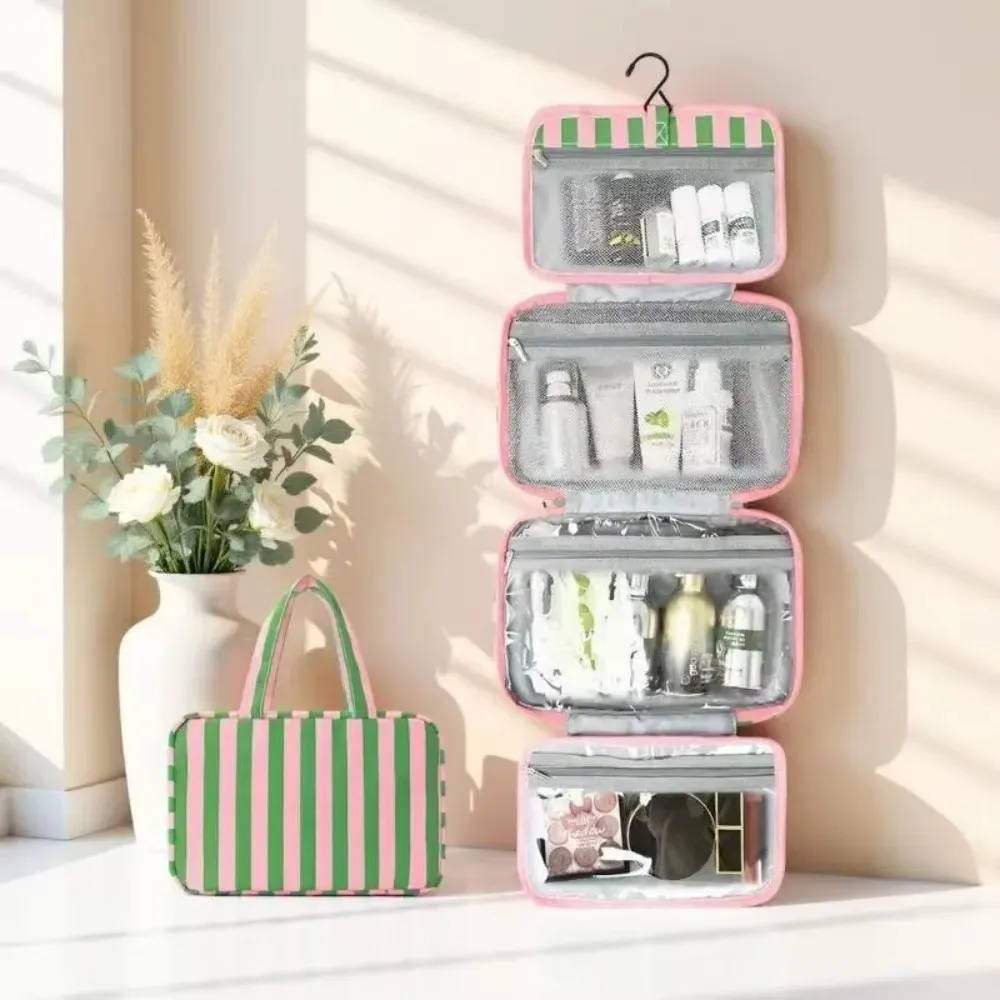 Portable Hanging Travel Toiletry Bag 4-Fold with Hook Makeup Bag Large Capacity Striped Cosmetic Bag Travel