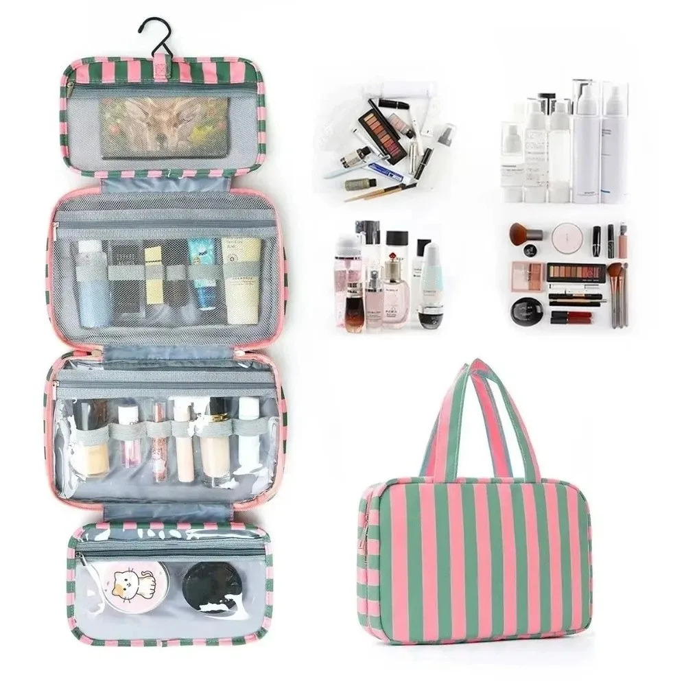 Portable Hanging Travel Toiletry Bag 4-Fold with Hook Makeup Bag Large Capacity Striped Cosmetic Bag Travel
