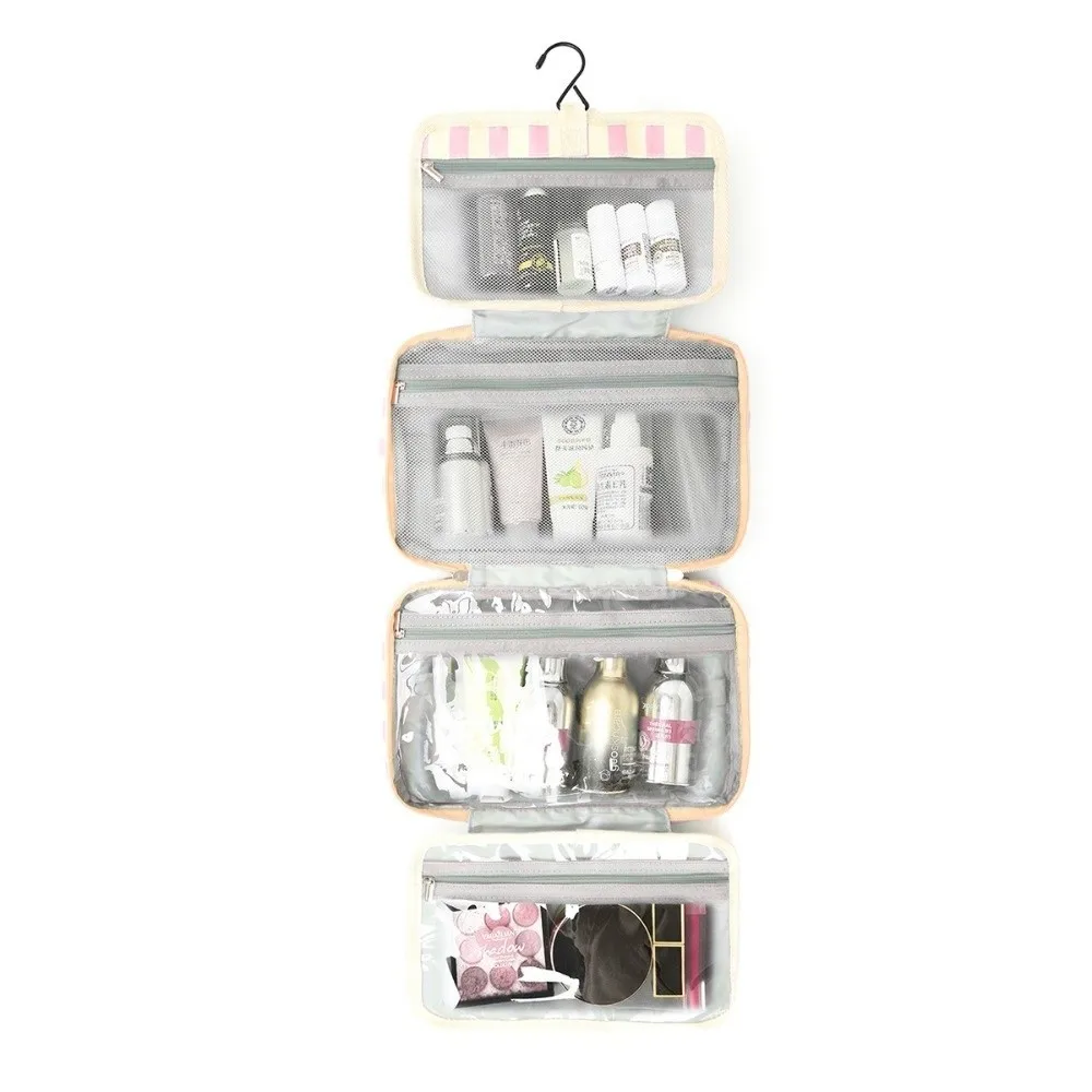 Portable Hanging Travel Toiletry Bag 4-Fold with Hook Makeup Bag Large Capacity Striped Cosmetic Bag Travel
