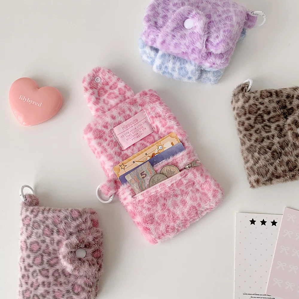 Winter INS Fashion Leopard Print Plush Snap Wallet Card Bag Cute Japanese Girl Pendant Coin Wallet Change Storage Bag Kids Gifts