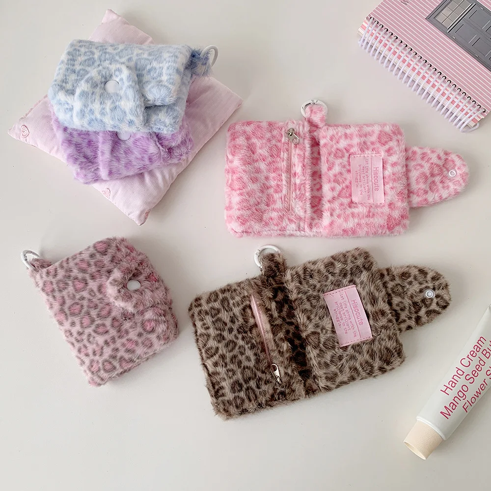 Winter INS Fashion Leopard Print Plush Snap Wallet Card Bag Cute Japanese Girl Pendant Coin Wallet Change Storage Bag Kids Gifts