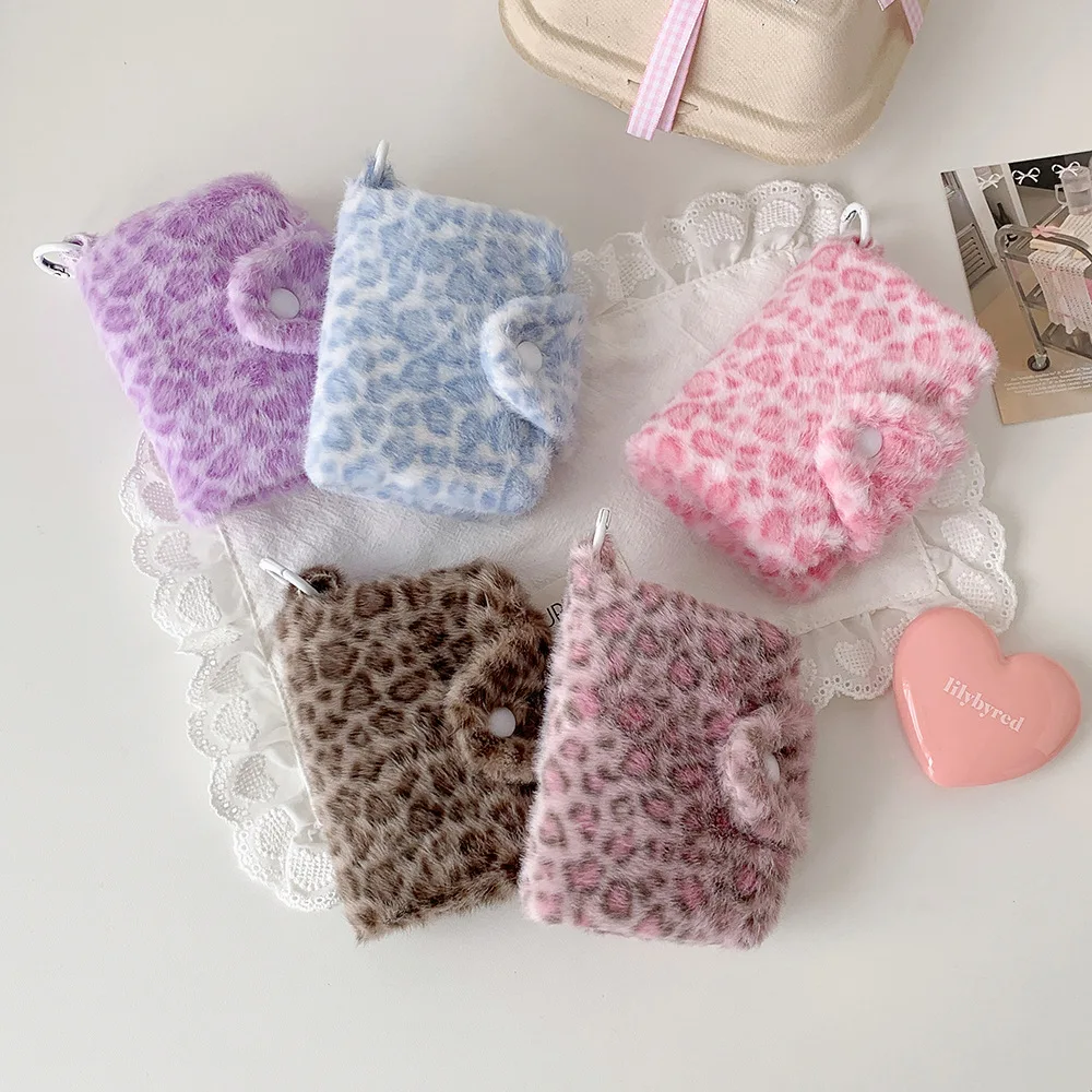 Winter INS Fashion Leopard Print Plush Snap Wallet Card Bag Cute Japanese Girl Pendant Coin Wallet Change Storage Bag Kids Gifts