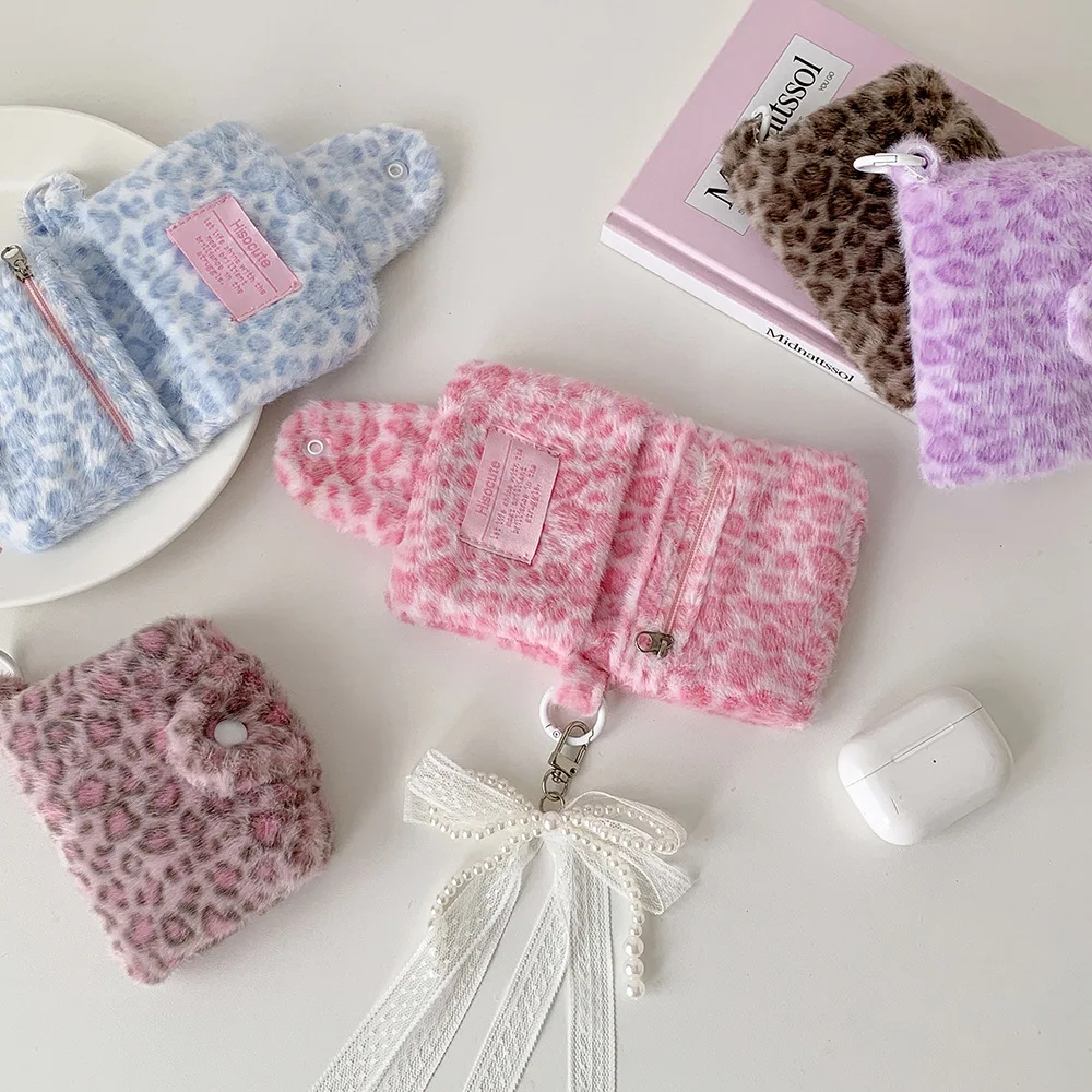 Winter INS Fashion Leopard Print Plush Snap Wallet Card Bag Cute Japanese Girl Pendant Coin Wallet Change Storage Bag Kids Gifts
