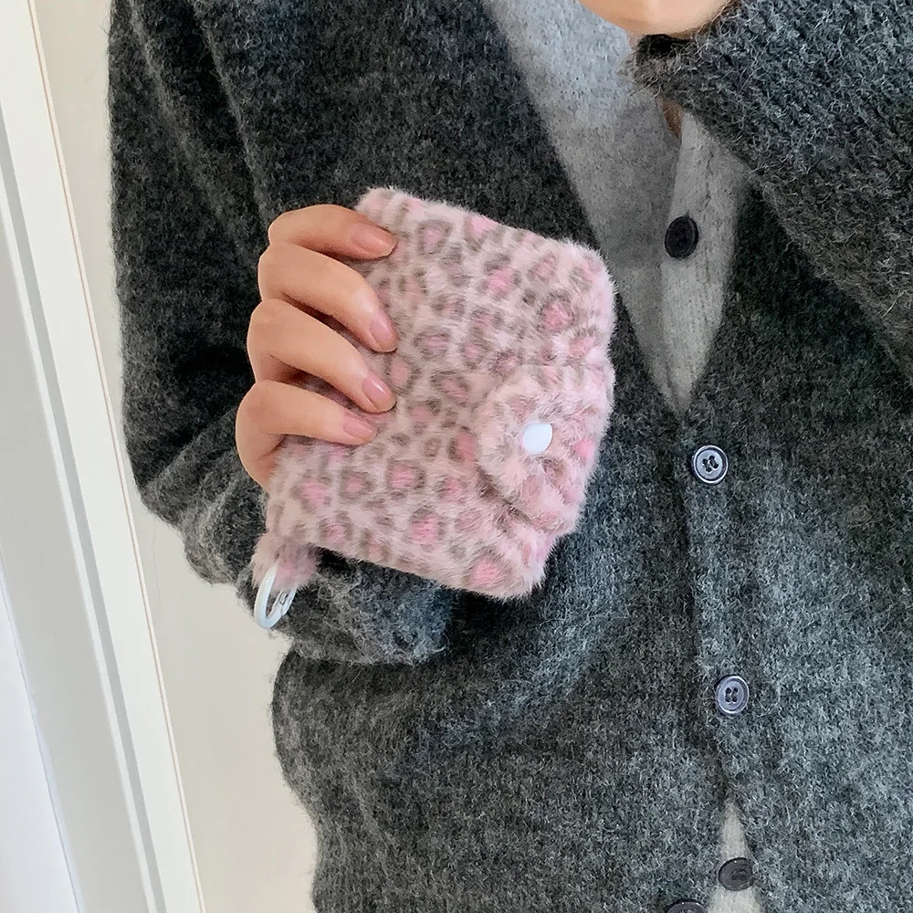 Winter INS Fashion Leopard Print Plush Snap Wallet Card Bag Cute Japanese Girl Pendant Coin Wallet Change Storage Bag Kids Gifts