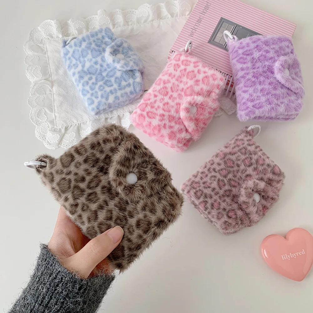 Winter INS Fashion Leopard Print Plush Snap Wallet Card Bag Cute Japanese Girl Pendant Coin Wallet Change Storage Bag Kids Gifts