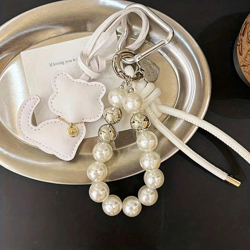 New Imitation Pearl Cat Mobile Phone Chain Gift Hanging Ornament Pendant Handbag Pendant Keychain Women Girls