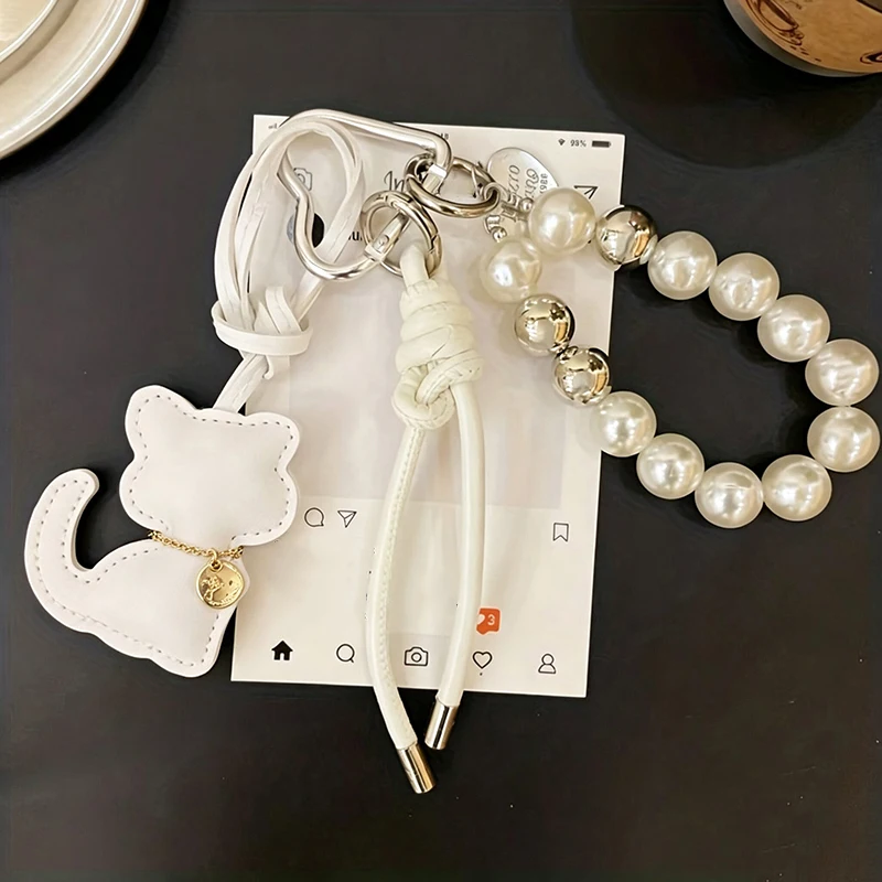 New Imitation Pearl Cat Mobile Phone Chain Gift Hanging Ornament Pendant Handbag Pendant Keychain Women Girls