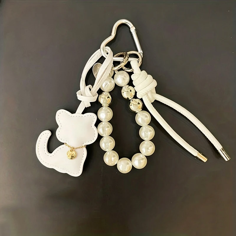 New Imitation Pearl Cat Mobile Phone Chain Gift Hanging Ornament Pendant Handbag Pendant Keychain Women Girls