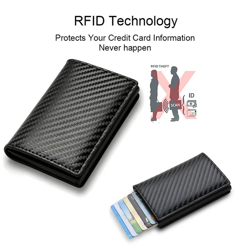 Rfid Carbon Fiber Credit Card Holder Wallets Men Brand Magic Trifold Leather Slim Mini Wallet Small Cardholder Money Bag Male