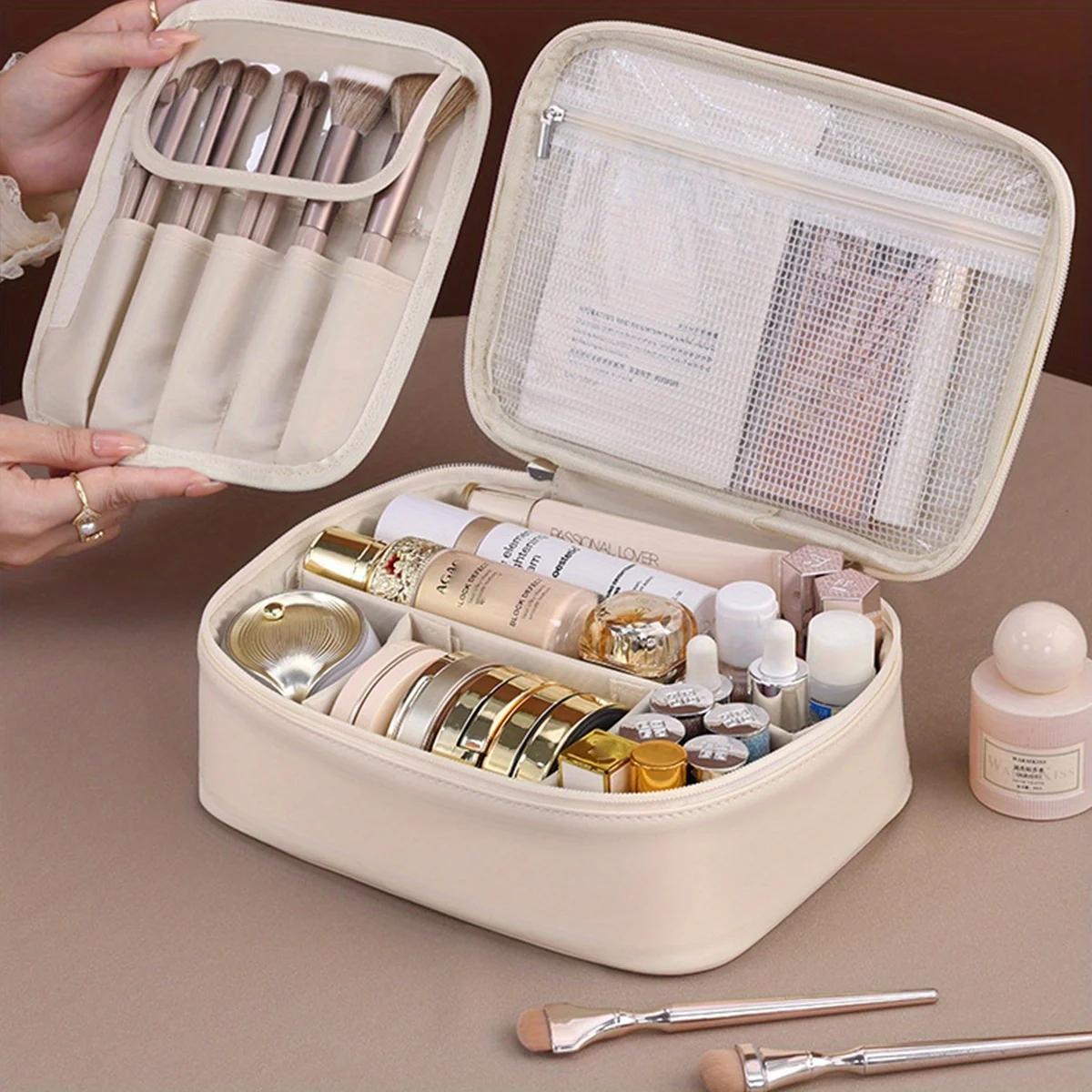 PU Leather Double Layer Makeup Bag Large Capacity Cosmetic Bags Luxury Cosmetics Organizer Women's Travel Essentials