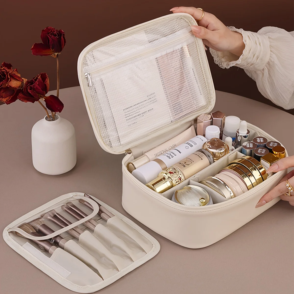 PU Leather Double Layer Makeup Bag Large Capacity Cosmetic Bags Luxury Cosmetics Organizer Women's Travel Essentials