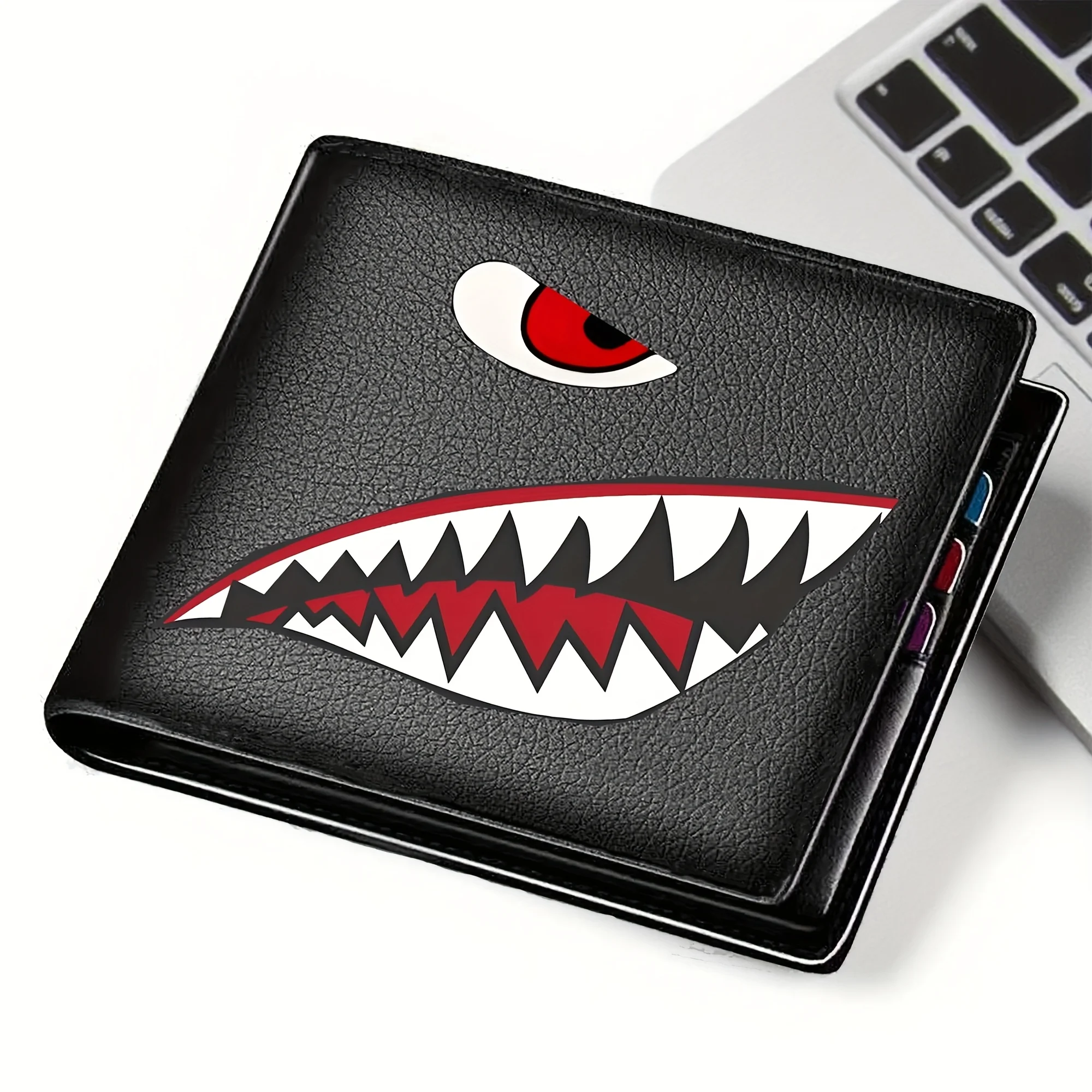 Men's Black Faux Leather Wallet with Shark Mouth Design Slim Credit Card Holder Coin Purse Multi-Color Pen Storage Perfect Gift
