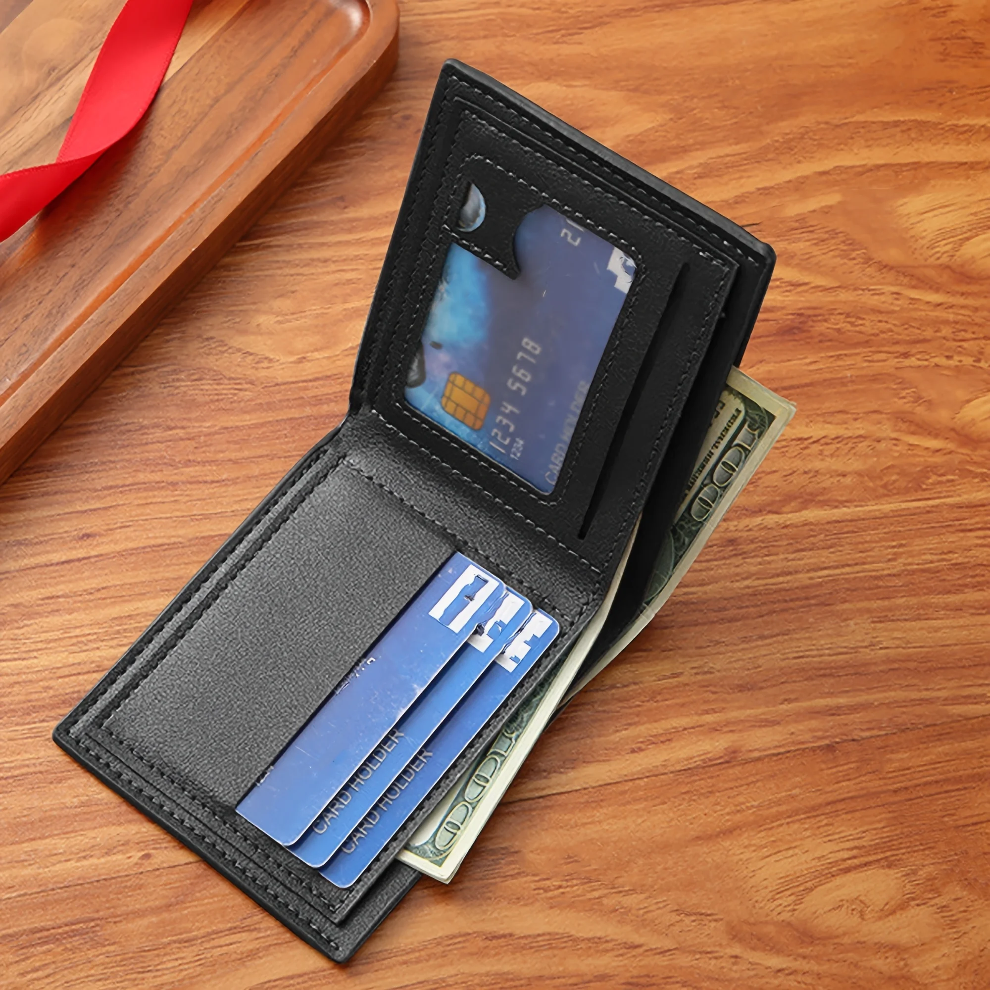 Men's Black Faux Leather Wallet with Shark Mouth Design Slim Credit Card Holder Coin Purse Multi-Color Pen Storage Perfect Gift