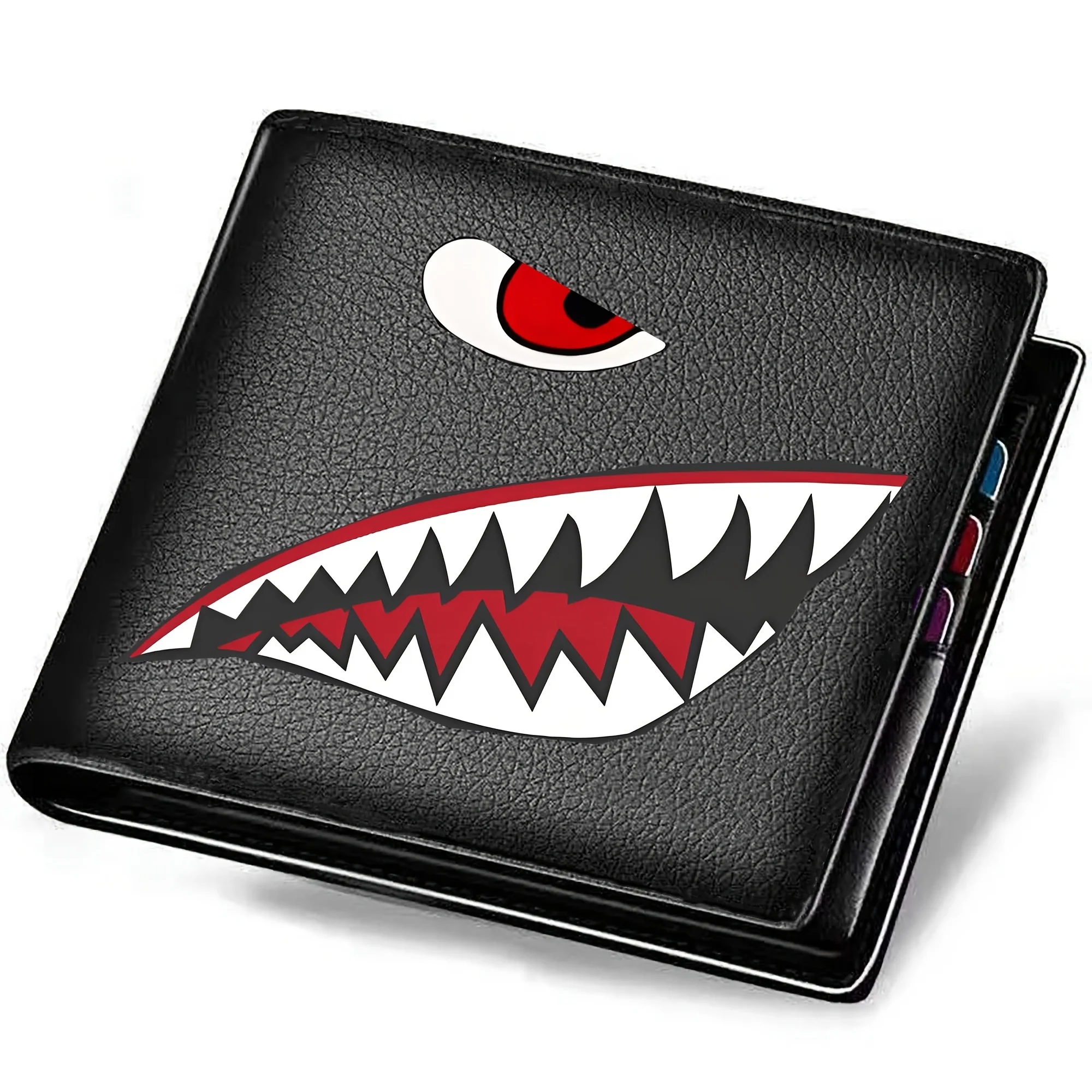 Men's Black Faux Leather Wallet with Shark Mouth Design Slim Credit Card Holder Coin Purse Multi-Color Pen Storage Perfect Gift