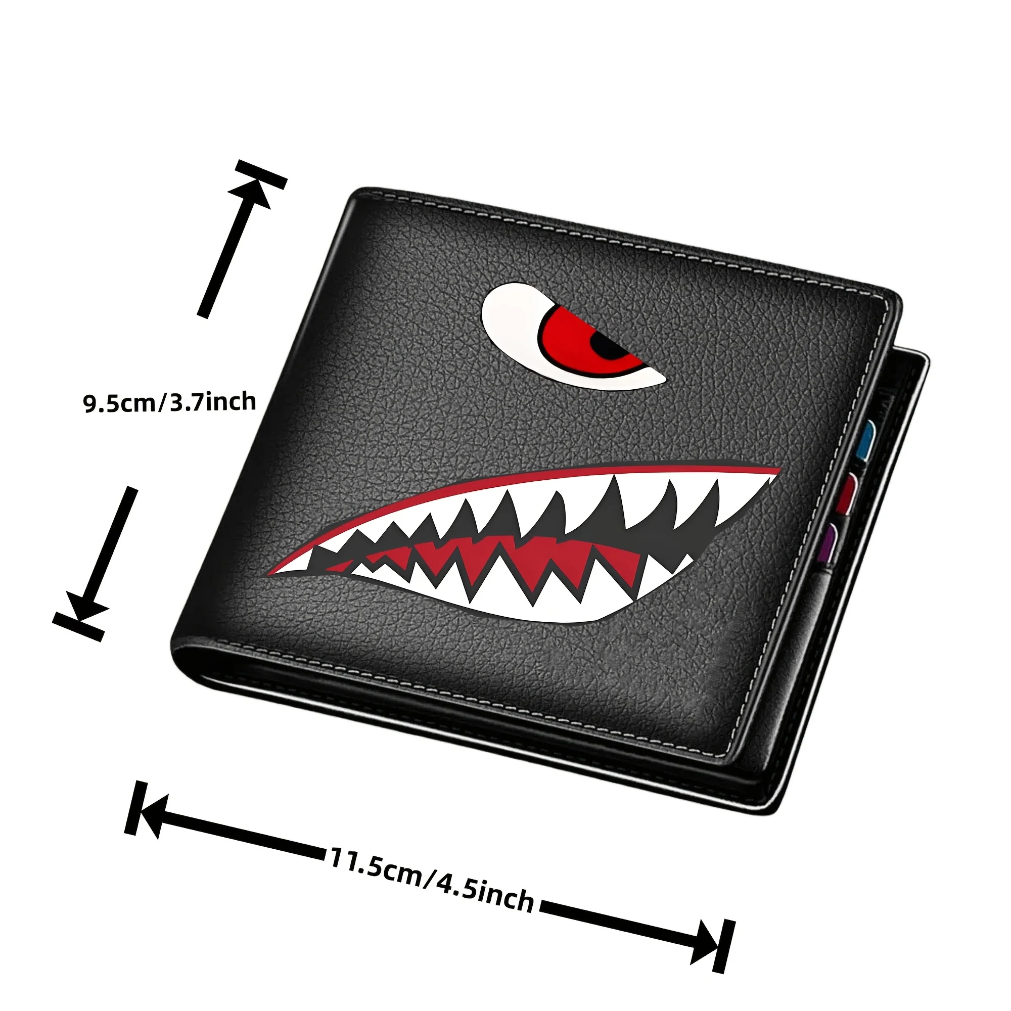 Men's Black Faux Leather Wallet with Shark Mouth Design Slim Credit Card Holder Coin Purse Multi-Color Pen Storage Perfect Gift
