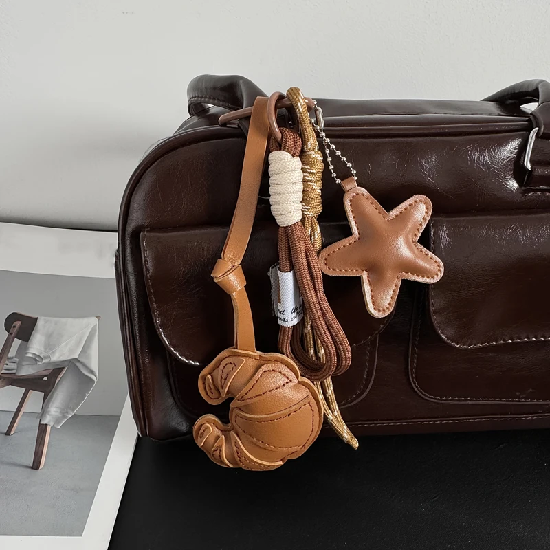 Handmade Leather Croissant Keychain Brown Star Leather Bag Charm with Braided Rope, Aesthetic Keychain for Women